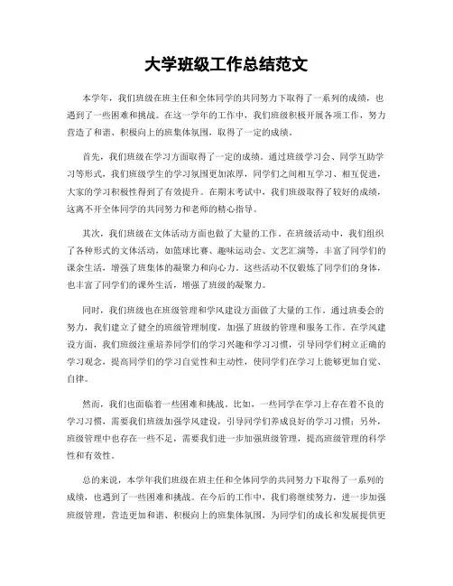 大学班级工作总结范文