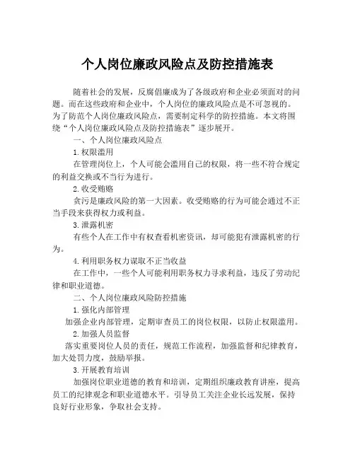 个人岗位廉政风险点及防控措施表