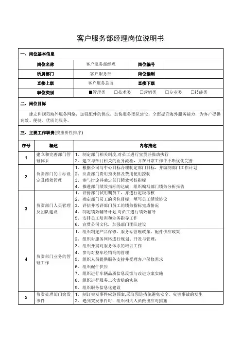 客户服务部经理岗位说明书