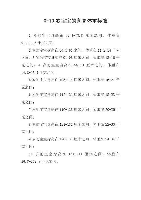 0`10岁儿童身高标准体重对照表