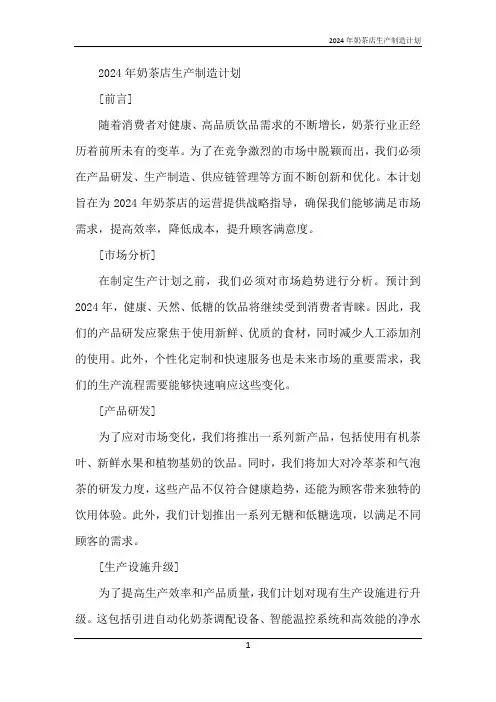 2024年奶茶店生产制造计划
