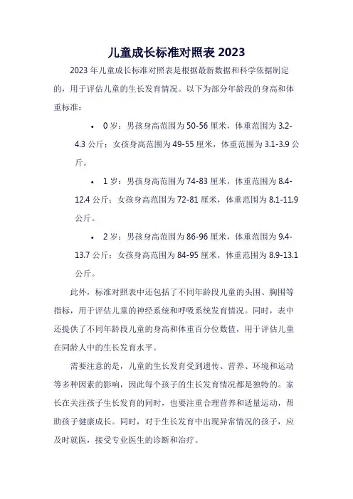 儿童成长标准对照表2023