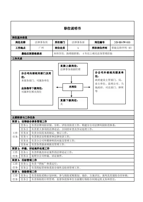 法律事务部法律事务岗职位说明书