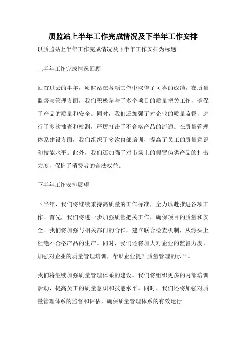 质监站上半年工作完成情况及下半年工作安排