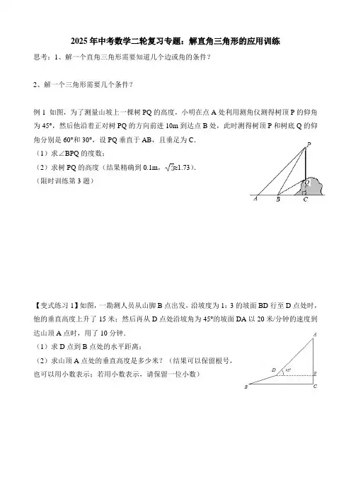 2025年中考数学二轮复习专题：解直角三角形的应用训练