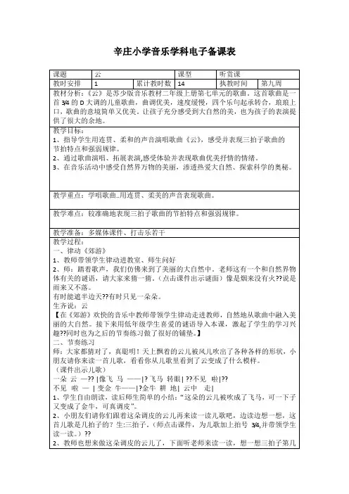二年级上册音乐教案    云   全国通用