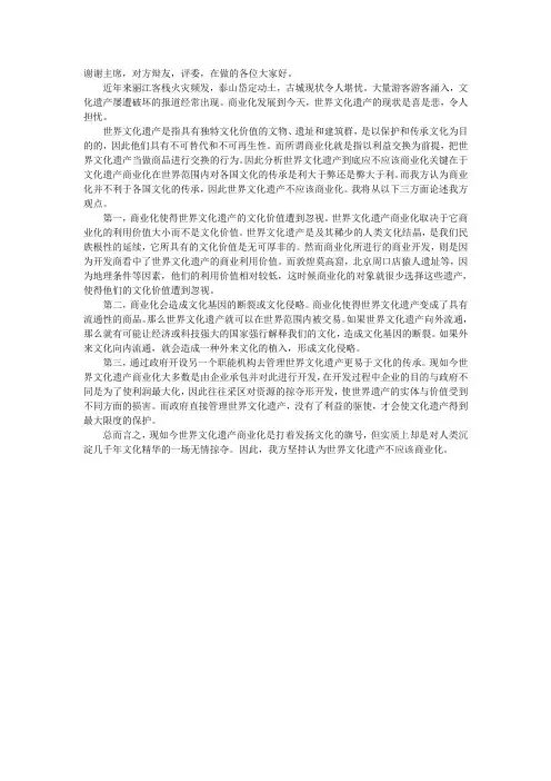 文化遗产不应该商业化一辩稿