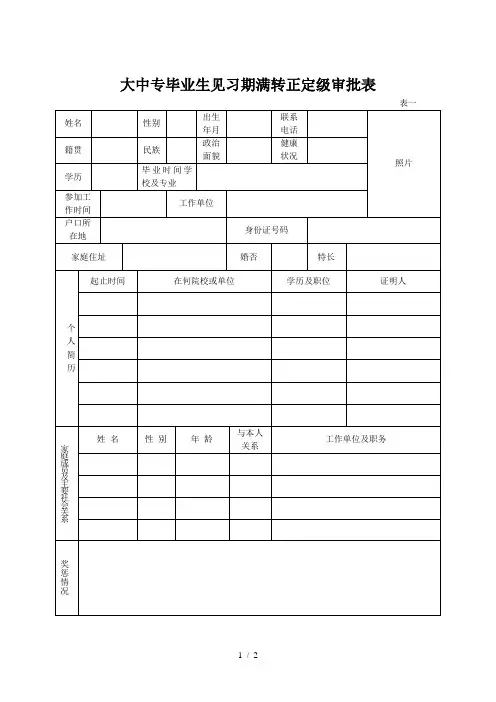 大中专毕业生见习期满转正定级审批表