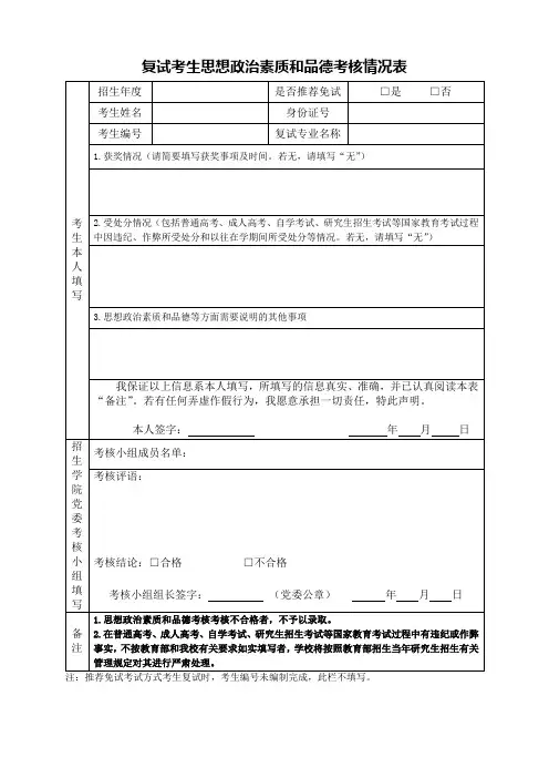复试考生思想政治素质和品德考核情况表