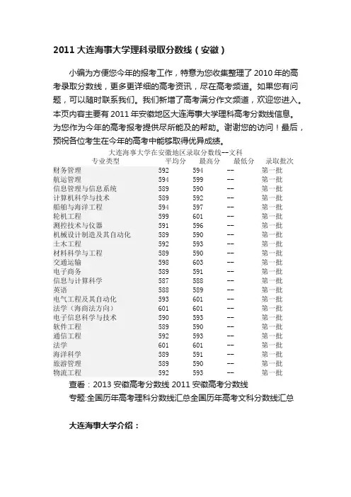 2011大连海事大学理科录取分数线（安徽）