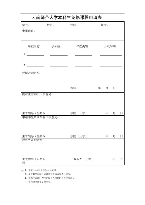 云南师范大学本科生免修课程申请表