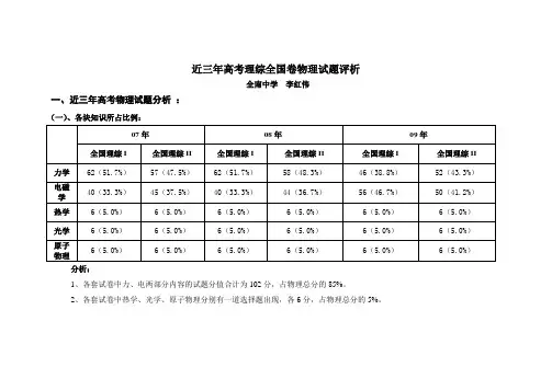 近三年高考理综全国卷物理试题评析