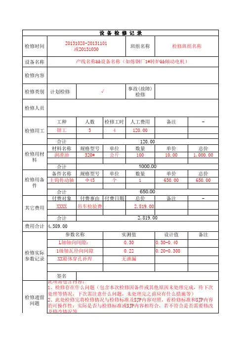 设备检修记录模板