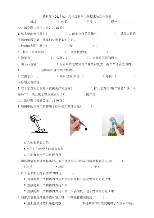 教科版(2017秋)六年级科学上册期末B卷(含答案)