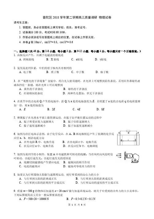19年上海高三物理等级考(二模)普陀试卷