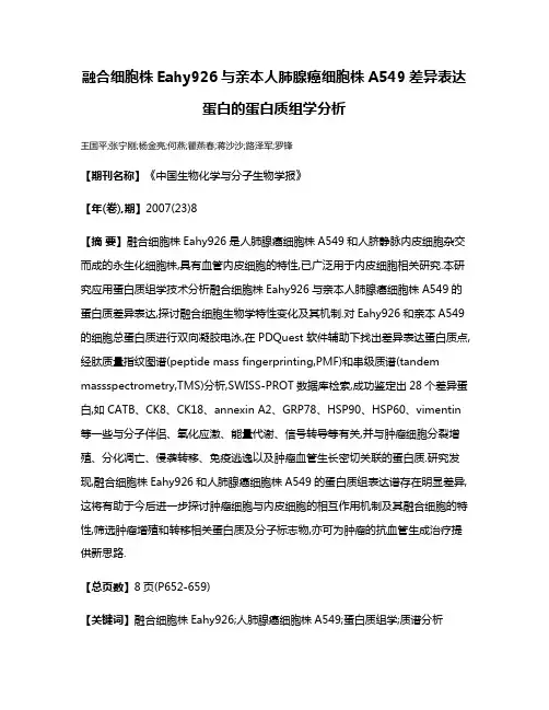 融合细胞株Eahy926与亲本人肺腺癌细胞株A549差异表达蛋白的蛋白质组学分析