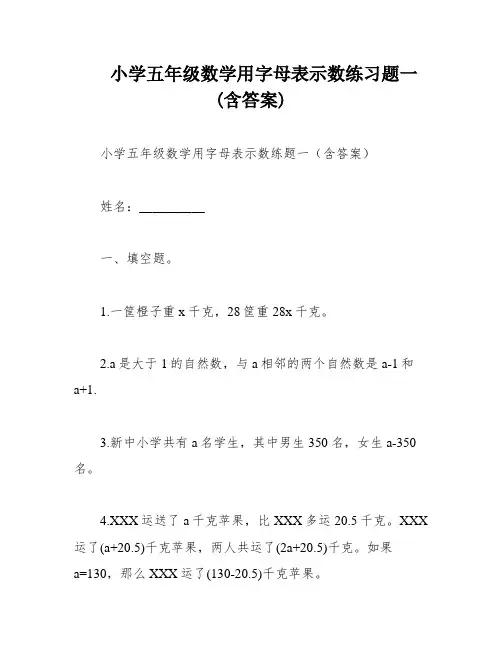 小学五年级数学用字母表示数练习题一(含答案)
