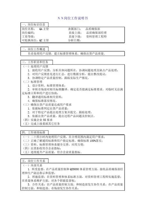 企业QA主管岗位工作说明书样本