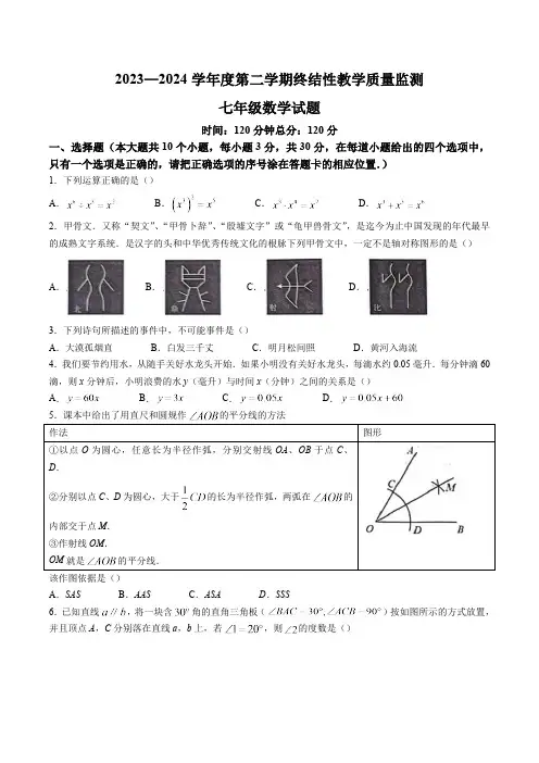 山东省菏泽市鄄城县2023-2024学年七年级下学期7月期末考试数学试卷(含答案)
