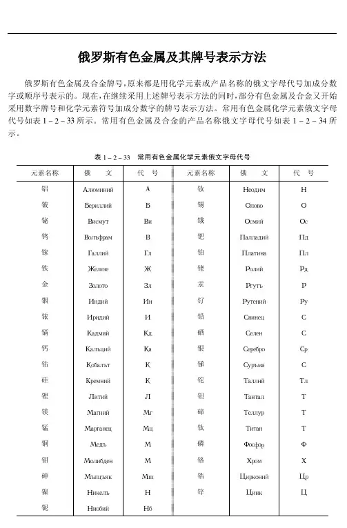 俄罗斯有色金属及其牌号表示方法