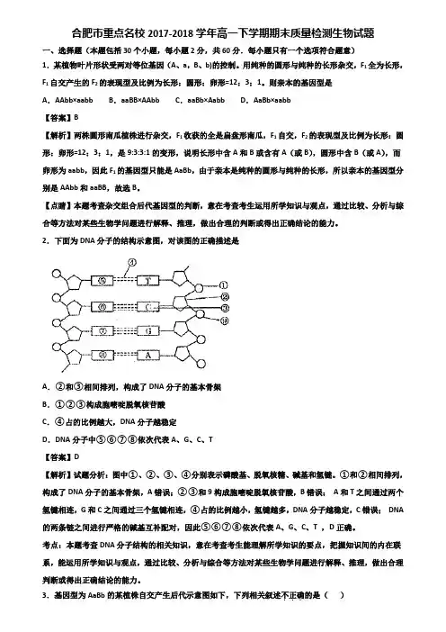 合肥市重点名校2017-2018学年高一下学期期末质量检测生物试题含解析