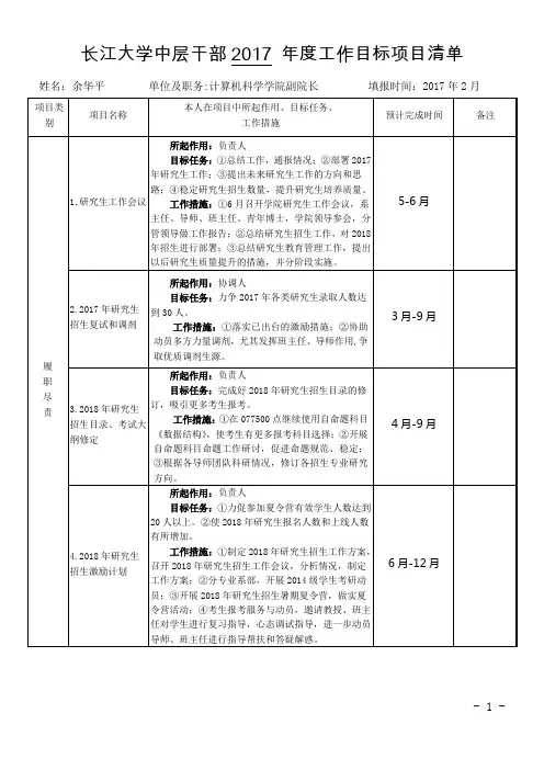 长江大学中层干部2017工作目标项目清单
