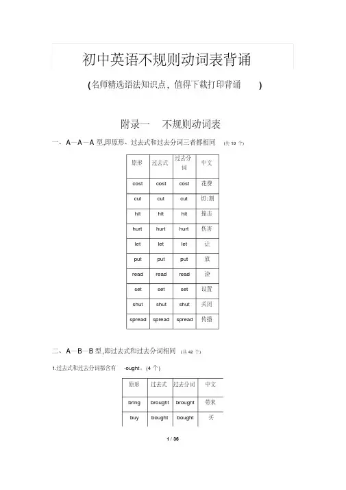 初中英语不规则动词表背诵(打印背诵版)