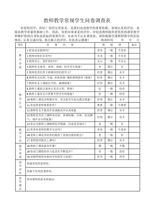 小学教师教学常规学生问卷调查表(1)