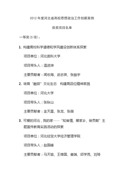 2012年度河北省高校思想政治工作创新案例评选结果