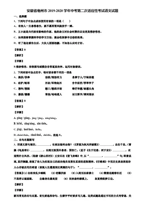 安徽省亳州市2019-2020学年中考第二次适应性考试语文试题含解析
