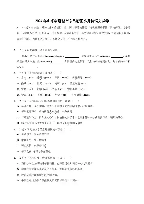 2024年山东省聊城市东昌府区小升初语文试卷