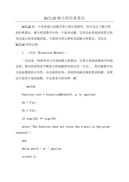 MATLAB解方程经典算法