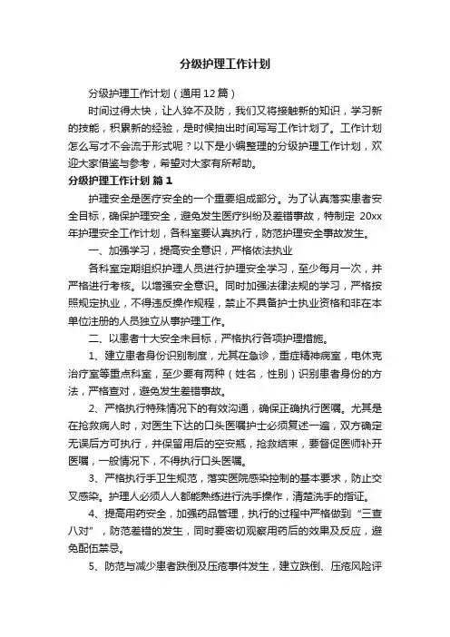 分级护理工作计划（通用12篇）