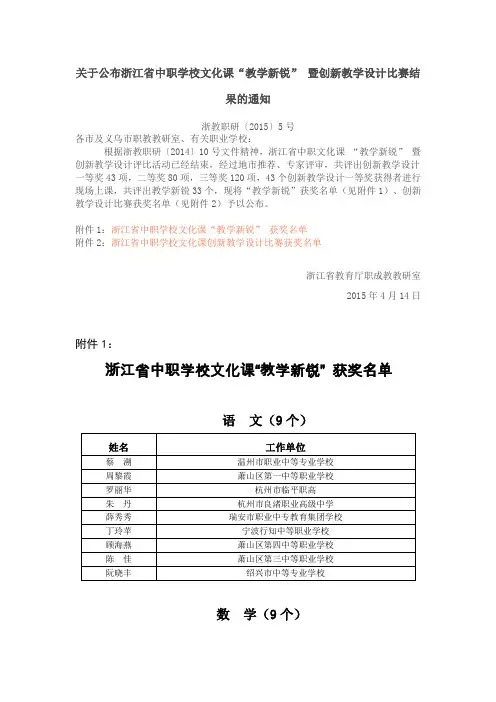 关于公布浙江省中职学校文化课“教学新锐” 暨创新教学设计比赛结果的通知