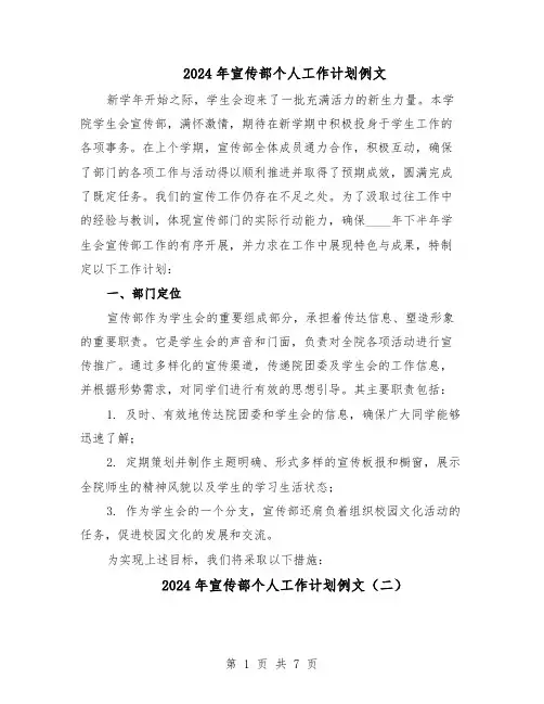 2024年宣传部个人工作计划例文(五篇)