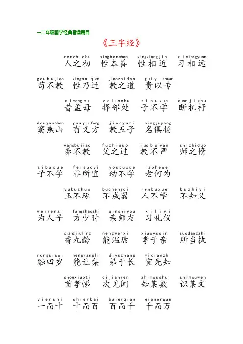 一二年级国学经典诵读篇目