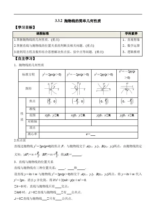 【高中数学】3.3.2 抛物线的简单几何性质高二数学新教材配套学案(人教A版选择性必修第一册)