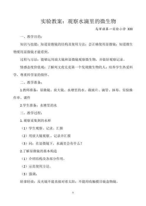 苏教版六年级科学下教案水滴里的微生物