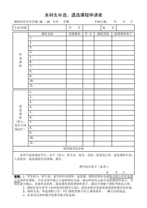 本科生补选、退选课程申请表