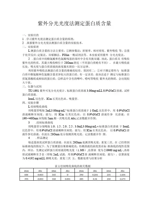 紫外分光光度法测定蛋白质含量实验报告