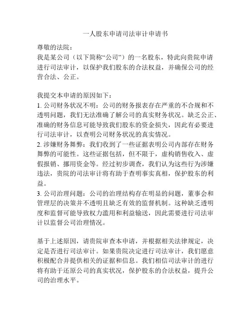 一人股东申请司法审计申请书