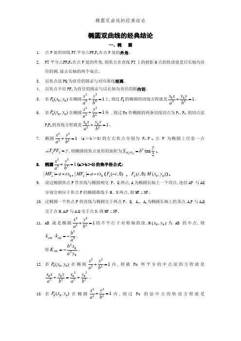 椭圆双曲线的经典结论