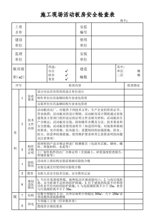施工现场活动板房安全检查表