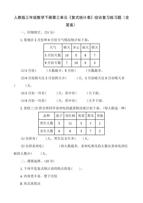 人教版三年级数学下册第三单元《复式统计表》综合复习练习题(含答案)