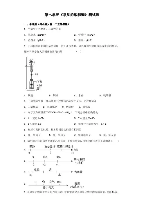 鲁教版化学九年级下册第七单元《常见的酸和碱》测试题(含答案)