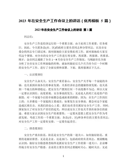 2023年在安全生产工作会议上的讲话(优秀模板5篇)