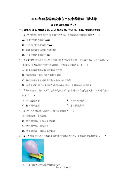 2023年山东省泰安市东平县中考物理三模试卷(含解析)