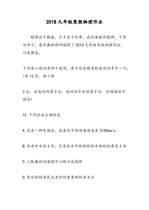 2018九年级寒假物理作业