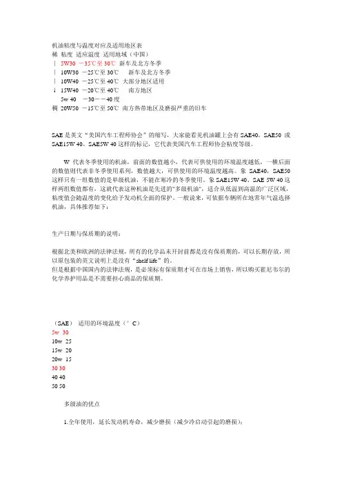 机油粘度与温度对应及适用地区表