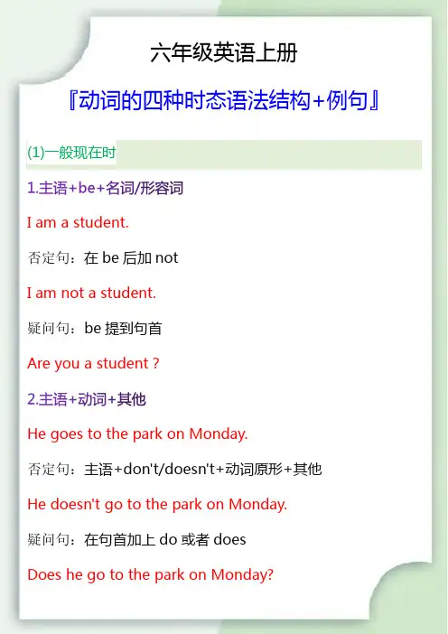 六年级英语上册动词的四种时态语法结构+例句
